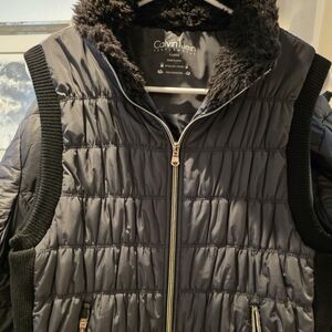 ON SALE Calvin Klein Women's Dark Gray Quilted Puffer Jacket with Faux Fur Trim